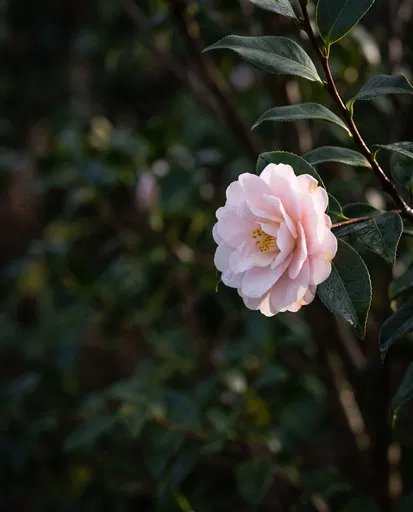 Pale Pink Camellia Bloom on Branch