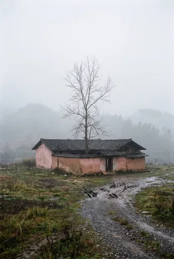 Foggy Courtyard House with Bare Tree