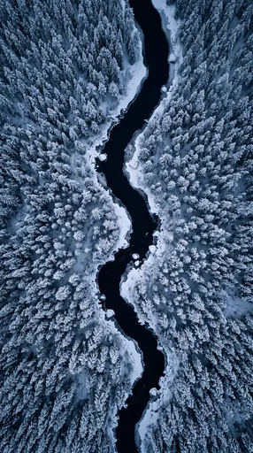 Aerial View of Snowy Forest River