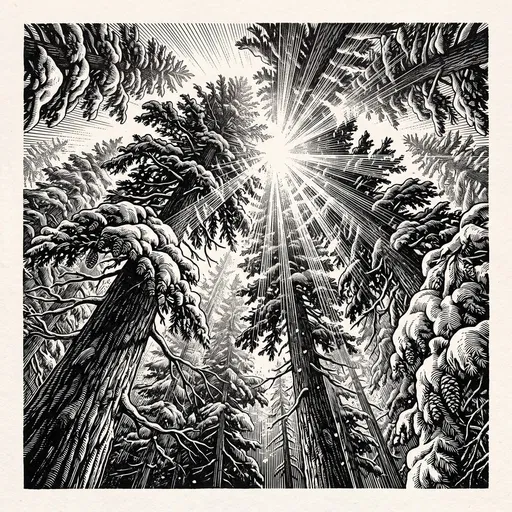 Woodcut Winter Forest With Sunbeams