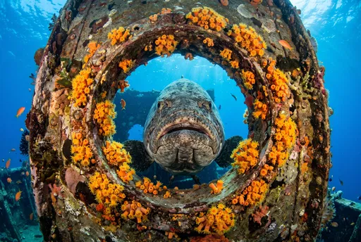 Giant Grouper Framed in Coral Shipwreck Porthole