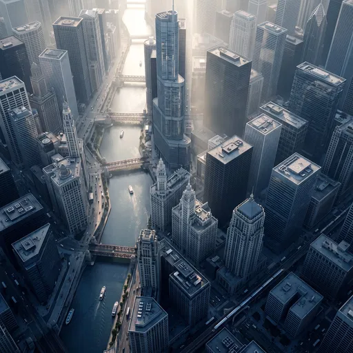 Aerial View of Chicago River Skyline