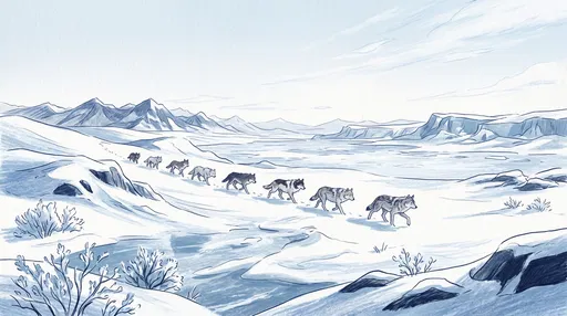 Wolf Pack Crossing Frozen Tundra Illustration