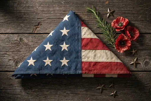Folded American Flag With Poppies on Wood