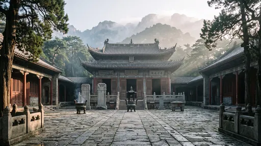 Misty Morning at Chinese Temple Courtyard