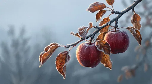 Frosty Autumn Branch with Two Red Apples