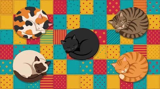 Five Cats Sleeping on Patchwork Quilt