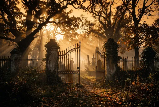 Misty Autumn Cemetery Gate at Sunset