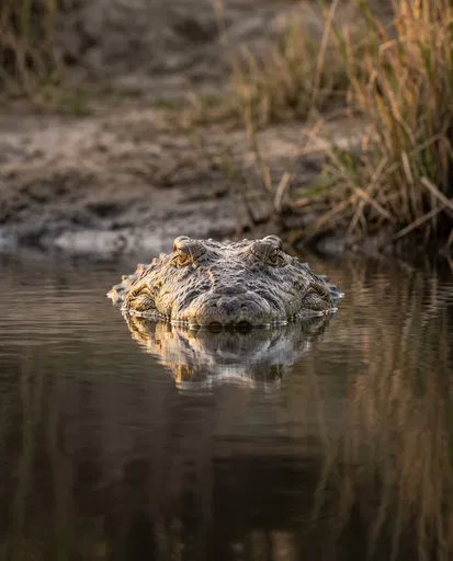 Crocodile Submerged in Calm Golden River