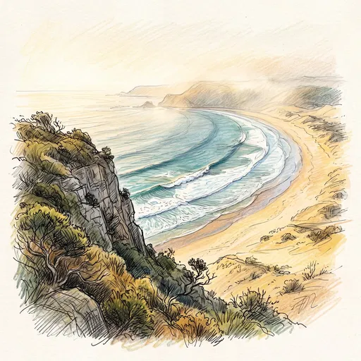 Colored Pencil Cliffside Crescent Beach Sketch