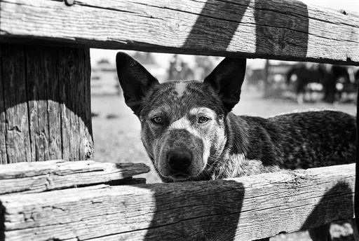 Cattle Dog Peering Through Wooden Fence