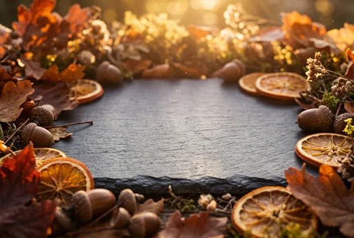 Autumn Slate Surface With Foliage Frame