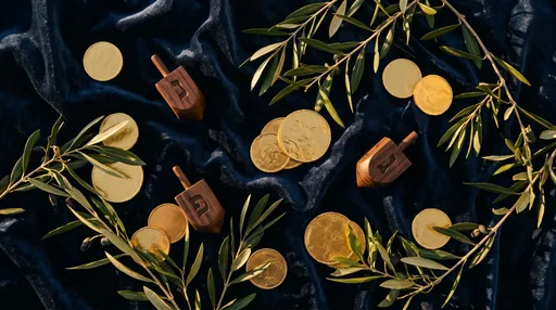 Hanukkah Flat Lay with Dreidels and Coins