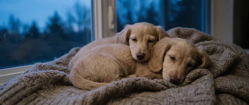 Two Cream Dachshund Puppies Sleeping by Window