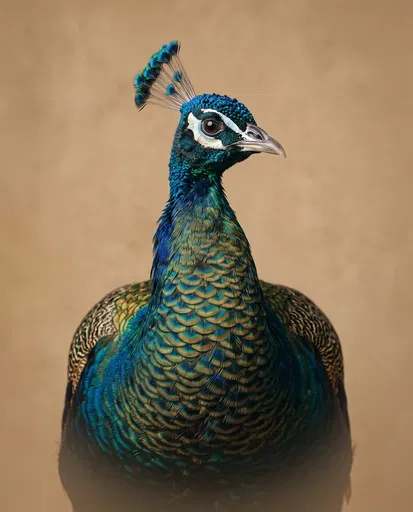 Studio Portrait of Peacock on Warm Background
