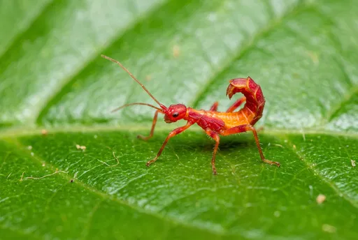 Red Insect Nymph on Green Leaf