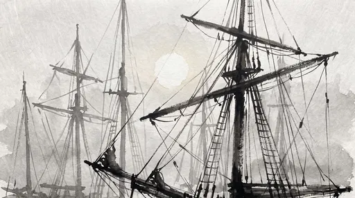 Monochrome Ink Wash of Sailboat Masts
