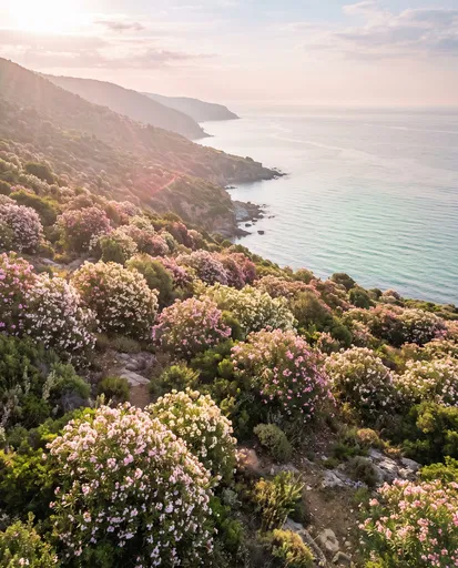 Blooming Oleander Hillside Overlooking Calm Sea