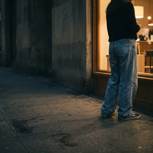 Woman in Baggy Jeans by Night Storefront