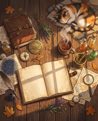Cozy Alchemist Desk With Sleeping Calico Cat
