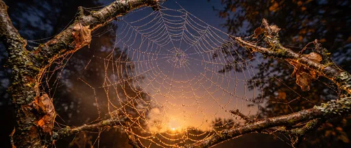 Dew-Covered Spiderweb at Golden Hour