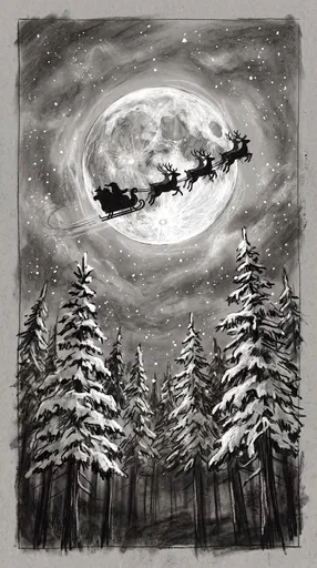 Charcoal Sketch of Santa Sleigh and Moon