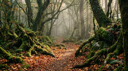 Mossy Forest Path in Autumn Mist