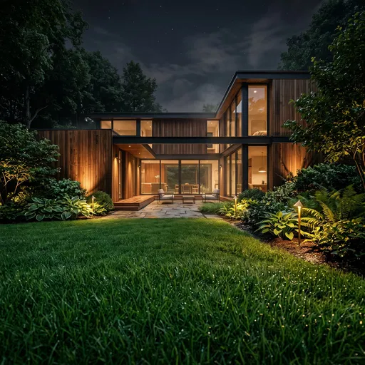 Modern Timber Courtyard House at Night
