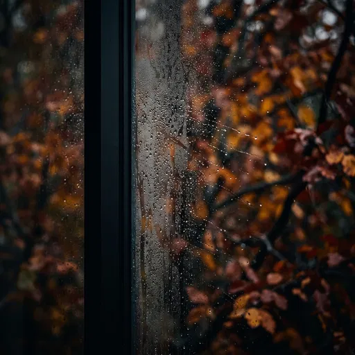 Raindrops on Window Against Autumn Leaves