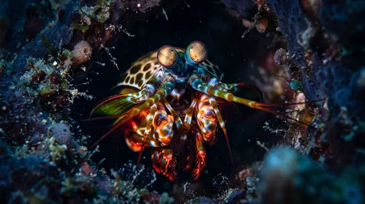 Peacock Mantis Shrimp in Coral Crevice