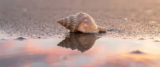 Spiral Seashell Reflected on Wet Sunset Beach