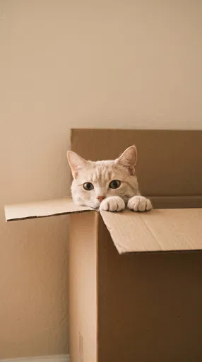 Cream Cat Peeking From Cardboard Box