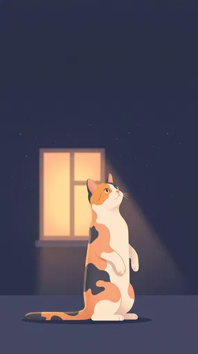 Curious Calico Cat Standing by Night Window