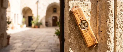 Olivewood Mezuzah on Jerusalem Limestone Doorframe
