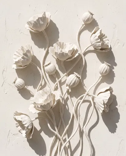 White Sculptural Poppies Bas-Relief on Plaster