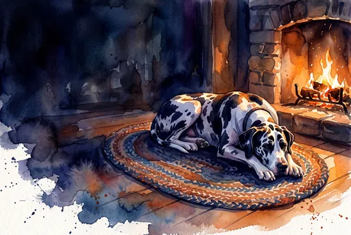 Watercolor Great Dane Resting By Fireplace