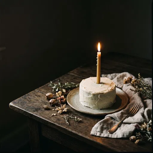 Rustic Vanilla Cake With Single Lit Candle