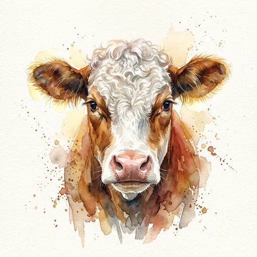 Watercolor Hereford Cow Face Portrait