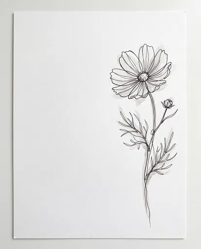 Minimalist Cosmos Flower Ink Line Drawing