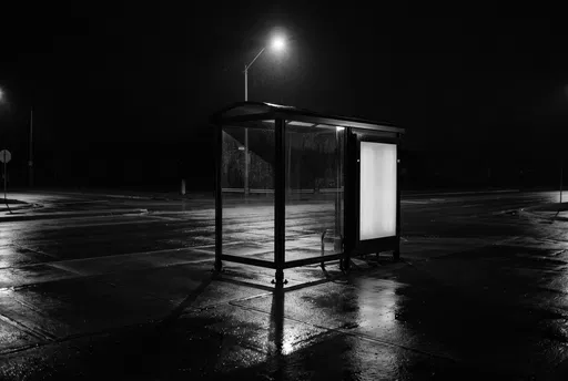 Monochrome Empty Bus Shelter at Night