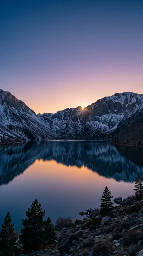 Sunset Over Calm Alpine Mountain Lake