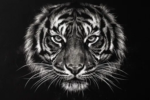 White Charcoal Tiger Portrait on Black