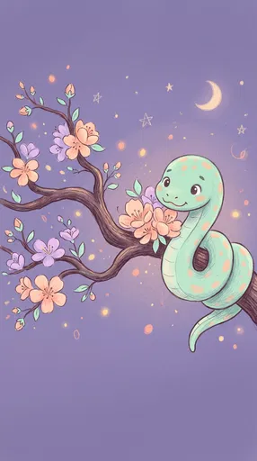 Cute Pastel Snake on Blossoming Branch