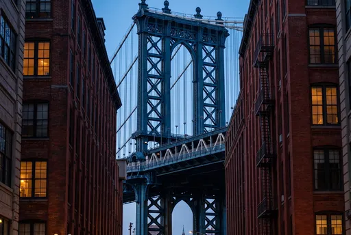 Manhattan Bridge Framed by Brick Buildings