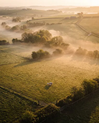 Aerial Sunrise Over Misty Rural Pasture