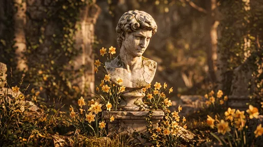 Weathered Marble Bust With Narcissus Flowers