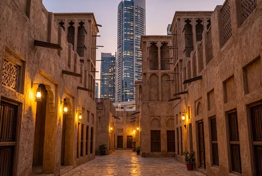 Historic Courtyard With Modern Skyscrapers at Dusk