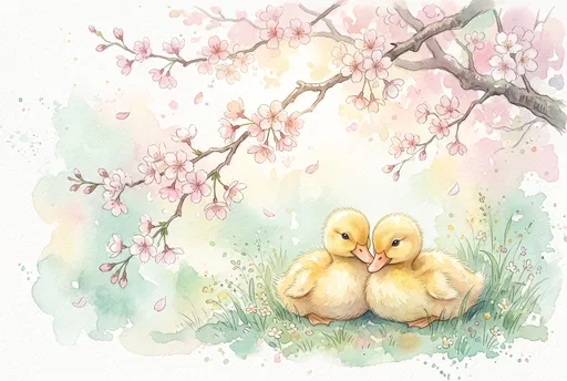 Watercolor Ducklings Under Cherry Blossoms