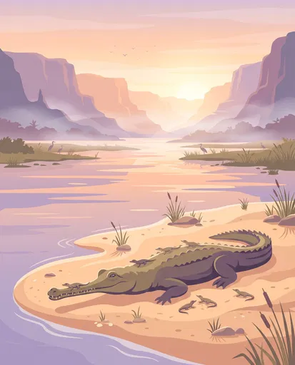 Gharial Mother and Hatchlings at Sunrise