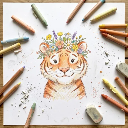 Tiger In Floral Crown Crayon Drawing